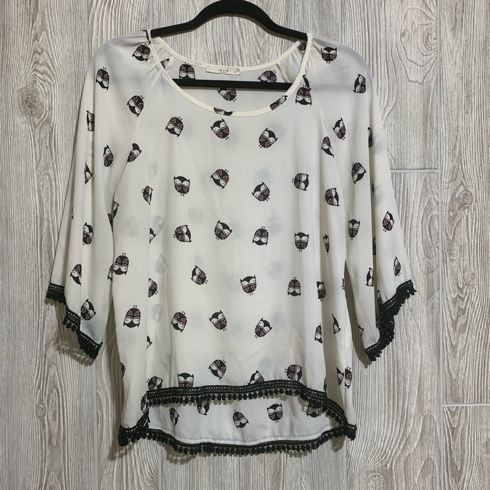 Le Lis Novelty Owl Print Lightweight Oversized 3/4 Sleeve Blouse Top Crochet M